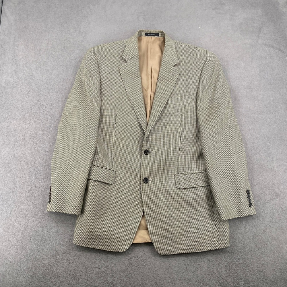 Chaps Est. 1978 Mens 40R Silk Wool Blend Blazer Tan Navy Houndstooth Sport Coat